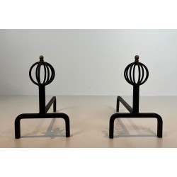 Pair of Wrought Iron Andirons with Globe-Cage Finials in the Style of Jean Royère