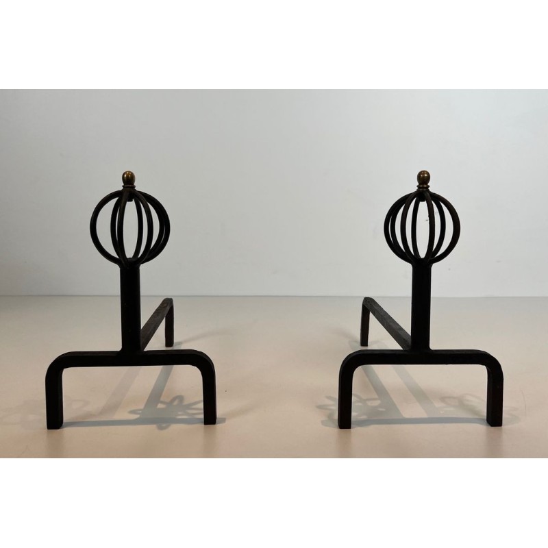 Pair of Wrought Iron Andirons with Globe-Cage Finials in the Style of Jean Royère