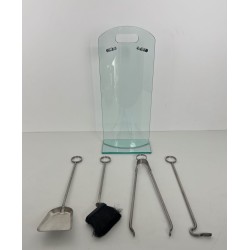 Design Fireplace Companion Set on Tempered Glass Stand with Chrome Ring-Handle Tools