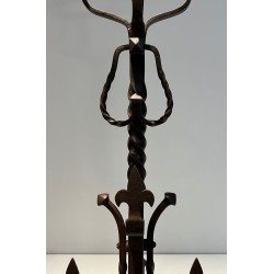Important Pair of Gothic Style Wrought Iron Landiers with Fleur-de-Lys Spurs