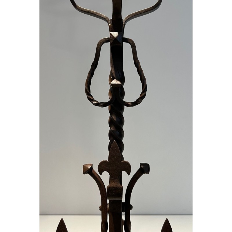 Important Pair of Gothic Style Wrought Iron Landiers with Fleur-de-Lys Spurs
