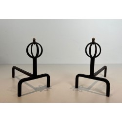Pair of Wrought Iron Andirons with Globe-Cage Finials in the Style of Jean Royère