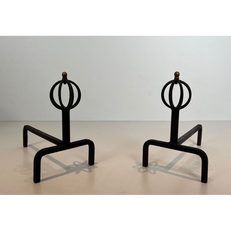 Pair of Wrought Iron Andirons with Globe-Cage Finials in the Style of Jean Royère