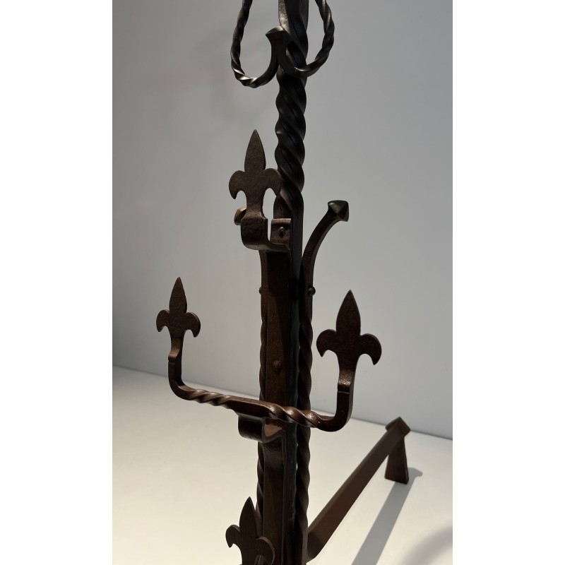Important Pair of Gothic Style Wrought Iron Landiers with Fleur-de-Lys Spurs