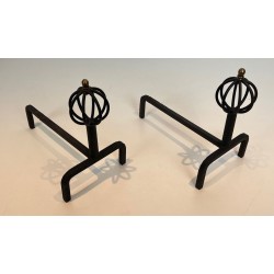 Pair of Wrought Iron Andirons with Globe-Cage Finials in the Style of Jean Royère