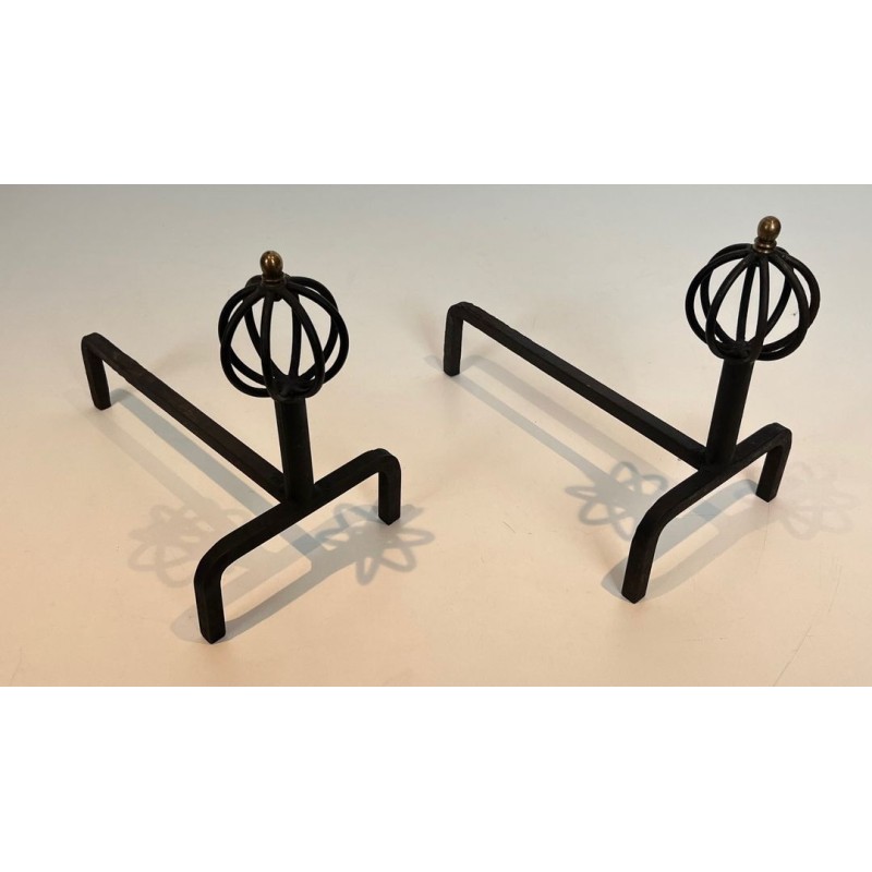 Pair of Wrought Iron Andirons with Globe-Cage Finials in the Style of Jean Royère