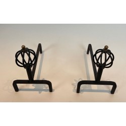 Paire de Chenets en Fer Forgé à Finials Lanterne Globe dans le Goût de Jean Royère