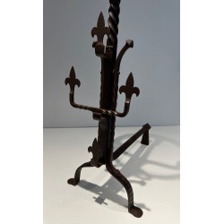 Important Pair of Gothic Style Wrought Iron Landiers with Fleur-de-Lys Spurs