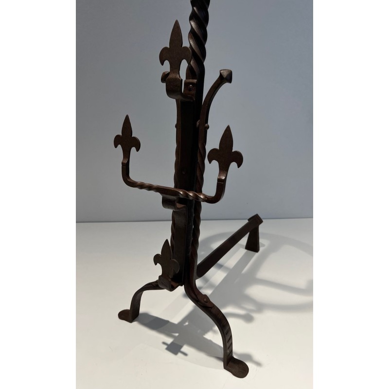 Important Pair of Gothic Style Wrought Iron Landiers with Fleur-de-Lys Spurs