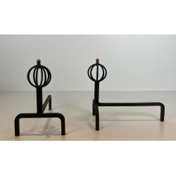 Pair of Wrought Iron Andirons with Globe-Cage Finials in the Style of Jean Royère