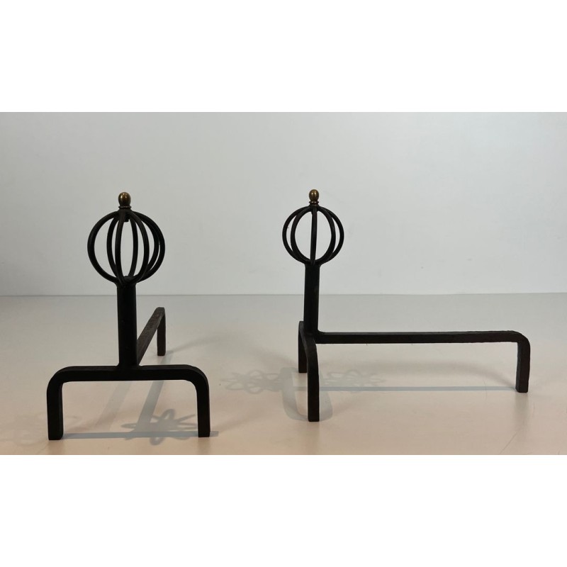 Pair of Wrought Iron Andirons with Globe-Cage Finials in the Style of Jean Royère