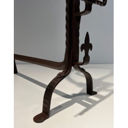 Important Pair of Gothic Style Wrought Iron Landiers with Fleur-de-Lys Spurs