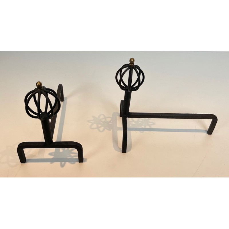 Pair of Wrought Iron Andirons with Globe-Cage Finials in the Style of Jean Royère