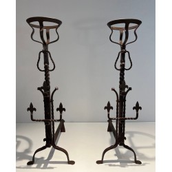 Important Pair of Gothic Style Wrought Iron Landiers with Fleur-de-Lys Spurs