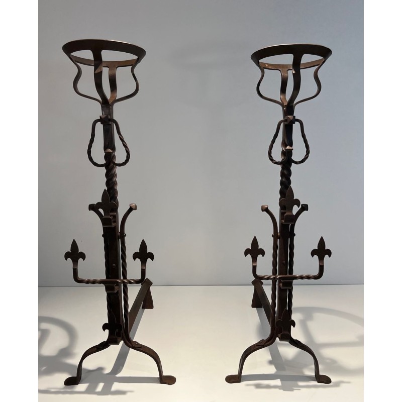 Important Pair of Gothic Style Wrought Iron Landiers with Fleur-de-Lys Spurs