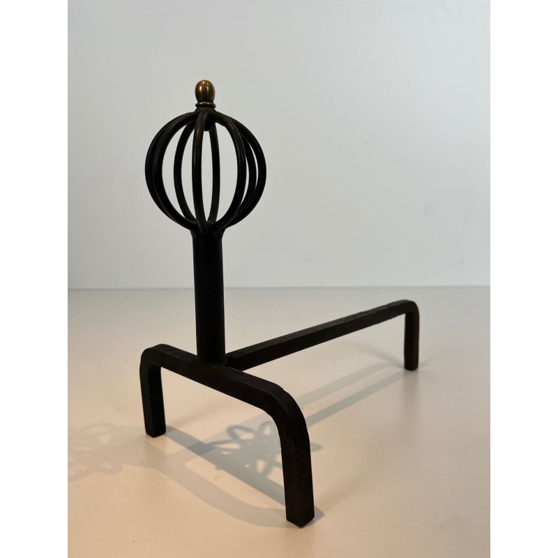 Pair of Wrought Iron Andirons with Globe-Cage Finials in the Style of Jean Royère