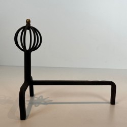 Pair of Wrought Iron Andirons with Globe-Cage Finials in the Style of Jean Royère