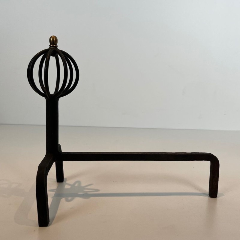 Pair of Wrought Iron Andirons with Globe-Cage Finials in the Style of Jean Royère