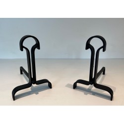 Pair of Modernist Wrought Iron Andirons with Teardrop Loop Finials and Splayed Bases