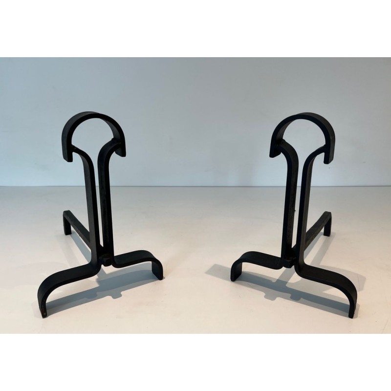 Pair of Modernist Wrought Iron Andirons with Teardrop Loop Finials and Splayed Bases