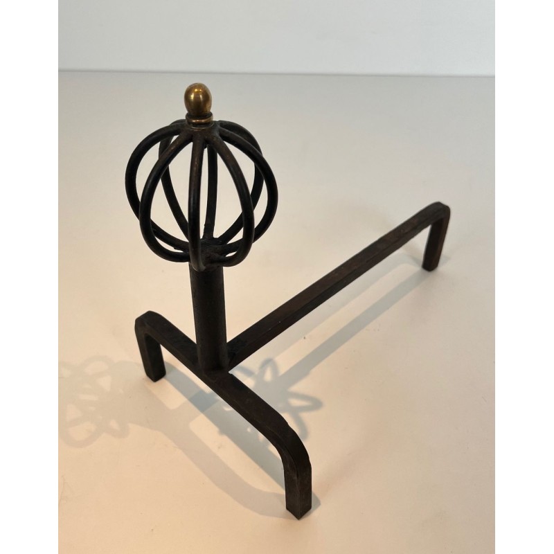 Pair of Wrought Iron Andirons with Globe-Cage Finials in the Style of Jean Royère