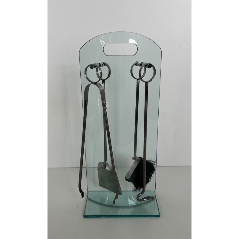 Design Fireplace Companion Set on Tempered Glass Stand with Chrome Ring-Handle Tools