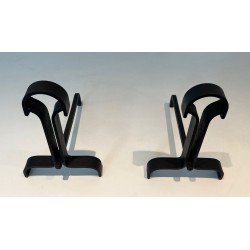 Pair of Modernist Wrought Iron Andirons with Teardrop Loop Finials and Splayed Bases