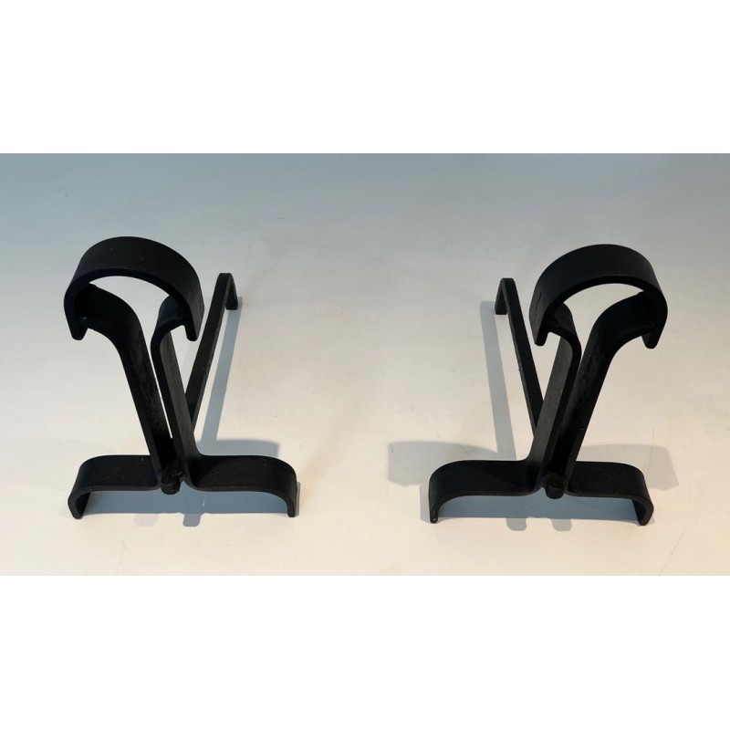 Pair of Modernist Wrought Iron Andirons with Teardrop Loop Finials and Splayed Bases