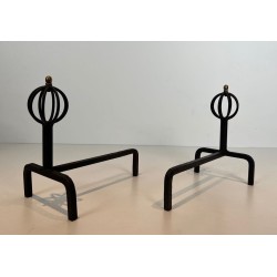 Pair of Wrought Iron Andirons with Globe-Cage Finials in the Style of Jean Royère