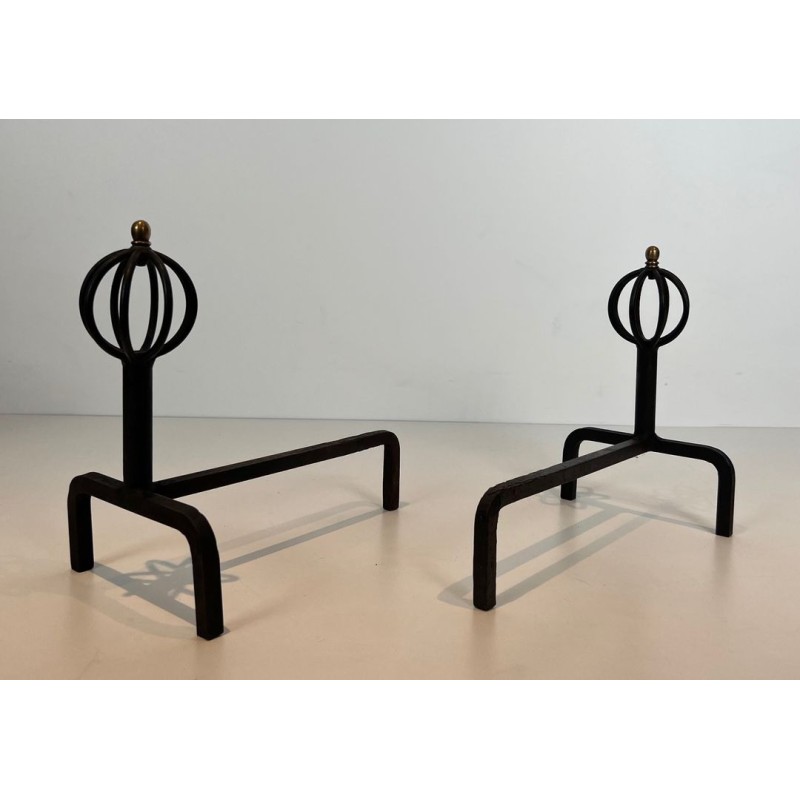 Pair of Wrought Iron Andirons with Globe-Cage Finials in the Style of Jean Royère