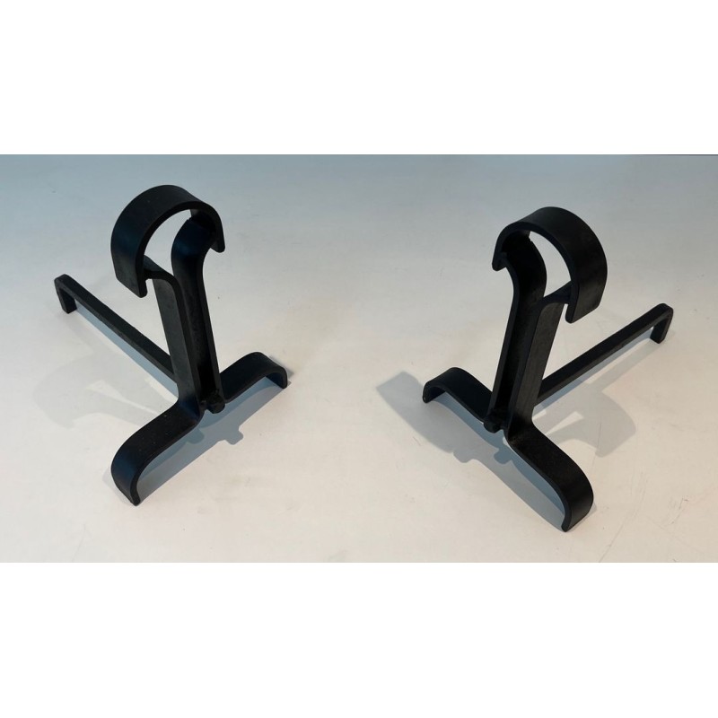 Pair of Modernist Wrought Iron Andirons with Teardrop Loop Finials and Splayed Bases