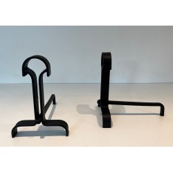 Pair of Modernist Wrought Iron Andirons with Teardrop Loop Finials and Splayed Bases