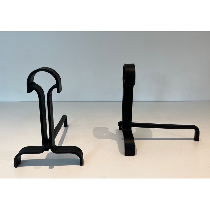 Pair of Modernist Wrought Iron Andirons with Teardrop Loop Finials and Splayed Bases