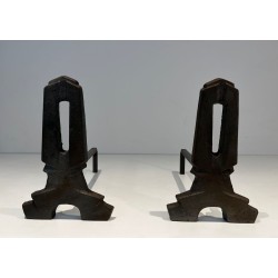 Pair of Modernist Cast Iron Andirons with Rectangular Aperture Uprights and Tripod Bases