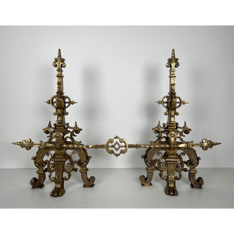Important Pair of Renaissance Style Bronze Andirons with Connecting Bar