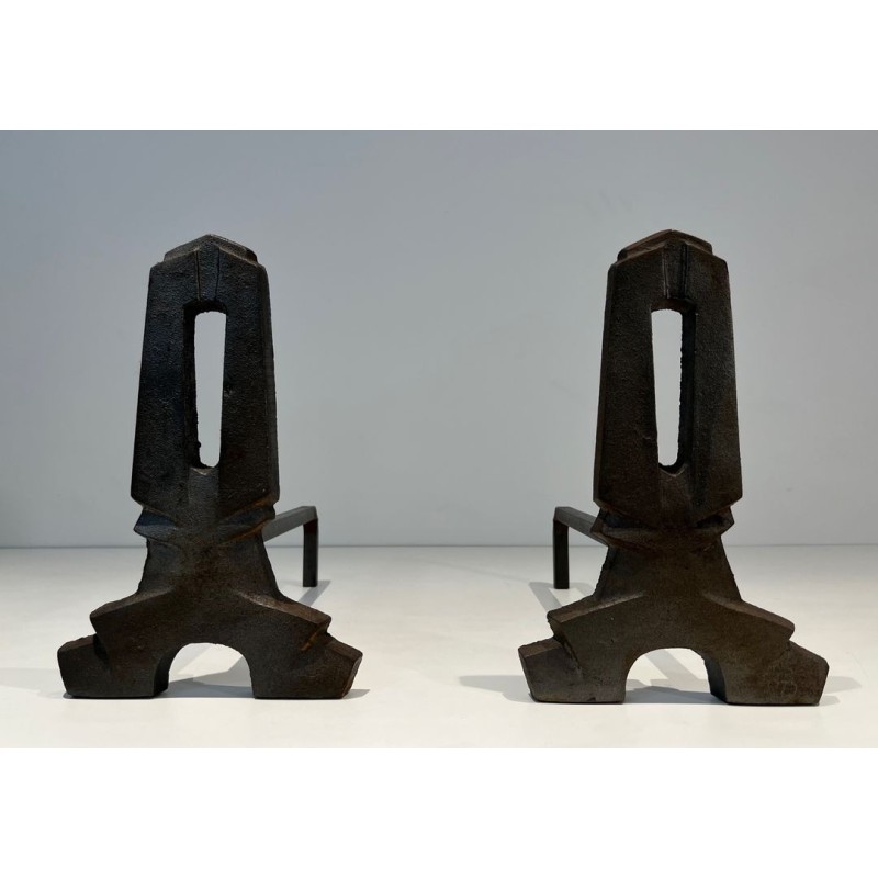 Pair of Modernist Cast Iron Andirons with Rectangular Aperture Uprights and Tripod Bases