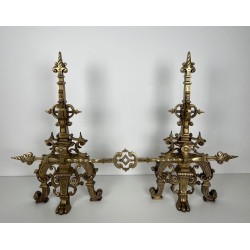 Importante Parure de Cheminée en Bronze de Style Renaissance avec Barre de Liaison