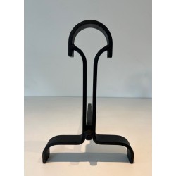 Pair of Modernist Wrought Iron Andirons with Teardrop Loop Finials and Splayed Bases