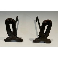 Pair of Modernist Cast Iron Andirons with Rectangular Aperture Uprights and Tripod Bases