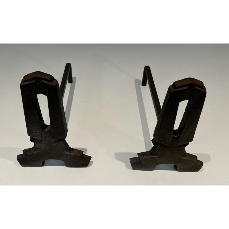 Pair of Modernist Cast Iron Andirons with Rectangular Aperture Uprights and Tripod Bases