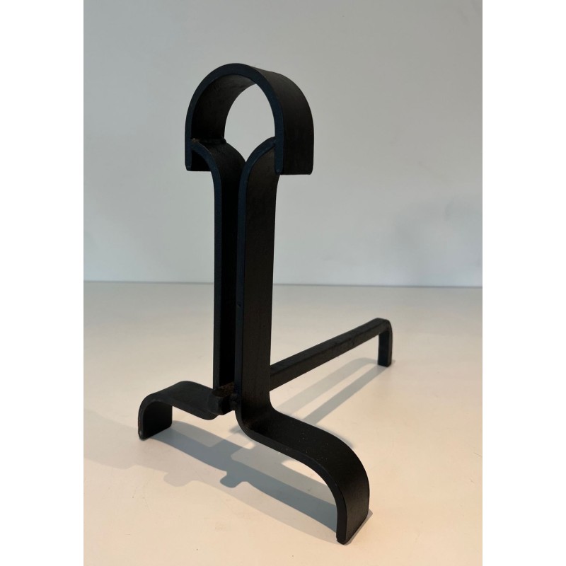 Pair of Modernist Wrought Iron Andirons with Teardrop Loop Finials and Splayed Bases
