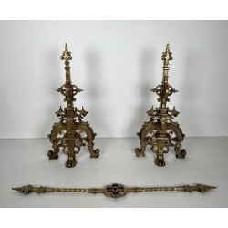 Important Pair of Renaissance Style Bronze Andirons with Connecting Bar