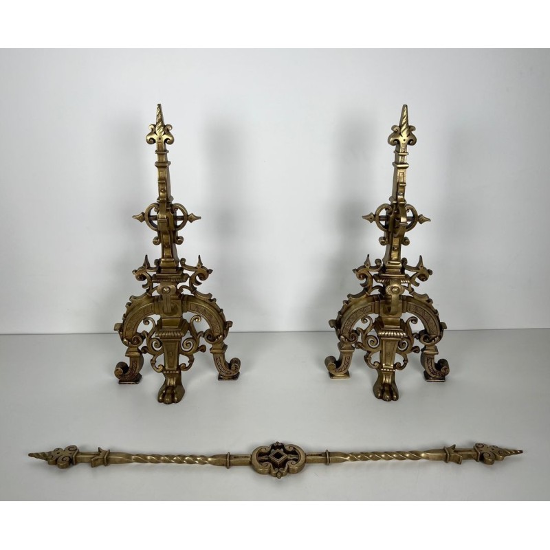 Important Pair of Renaissance Style Bronze Andirons with Connecting Bar