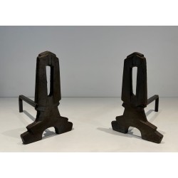 Pair of Modernist Cast Iron Andirons with Rectangular Aperture Uprights and Tripod Bases