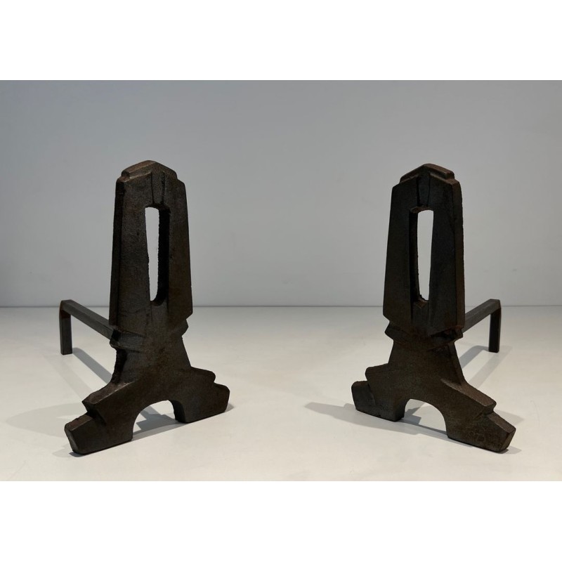 Pair of Modernist Cast Iron Andirons with Rectangular Aperture Uprights and Tripod Bases