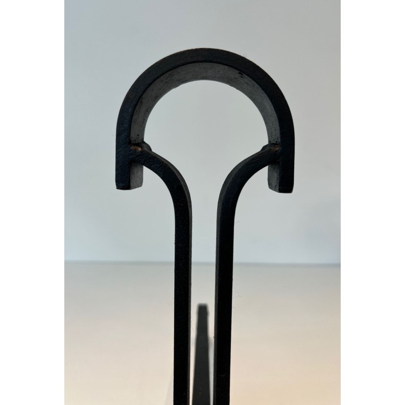 Pair of Modernist Wrought Iron Andirons with Teardrop Loop Finials and Splayed Bases