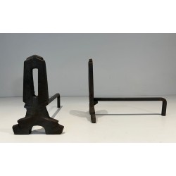 Pair of Modernist Cast Iron Andirons with Rectangular Aperture Uprights and Tripod Bases