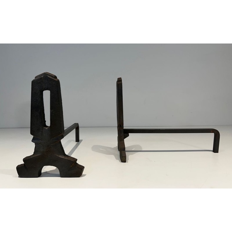 Pair of Modernist Cast Iron Andirons with Rectangular Aperture Uprights and Tripod Bases