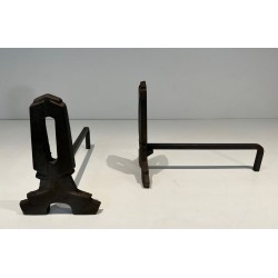 Pair of Modernist Cast Iron Andirons with Rectangular Aperture Uprights and Tripod Bases
