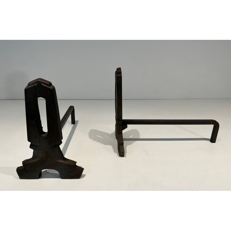 Pair of Modernist Cast Iron Andirons with Rectangular Aperture Uprights and Tripod Bases